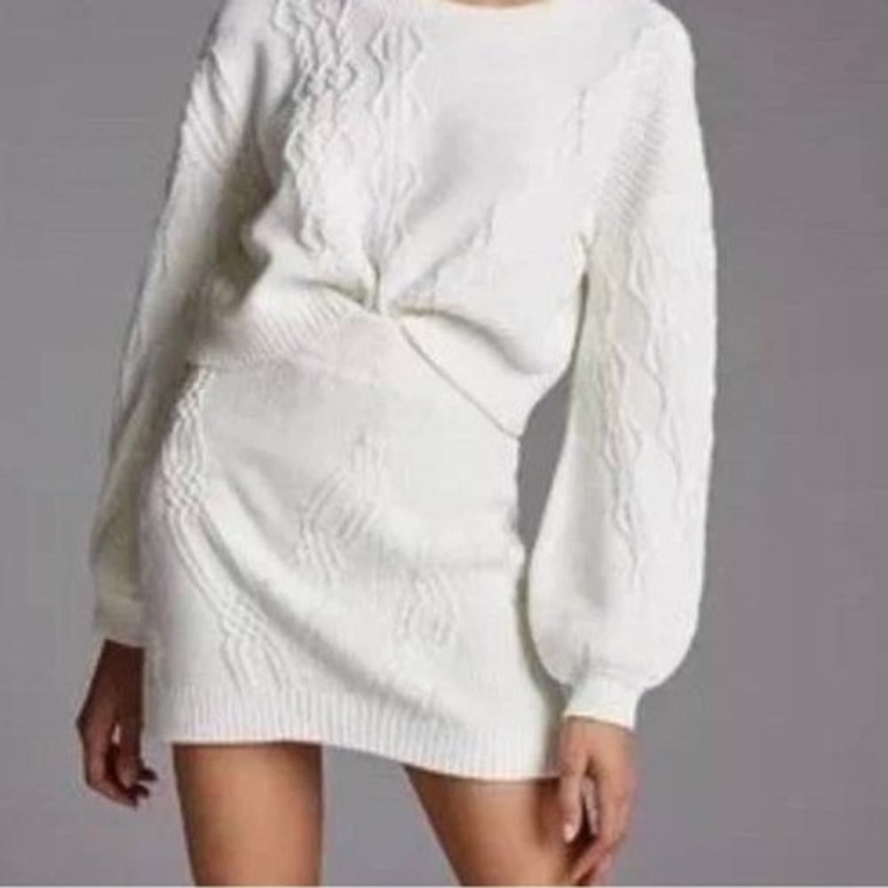 {Anthropologie} Maeve Cable-Knit Cream Lined Sweater Skirt Size Medium